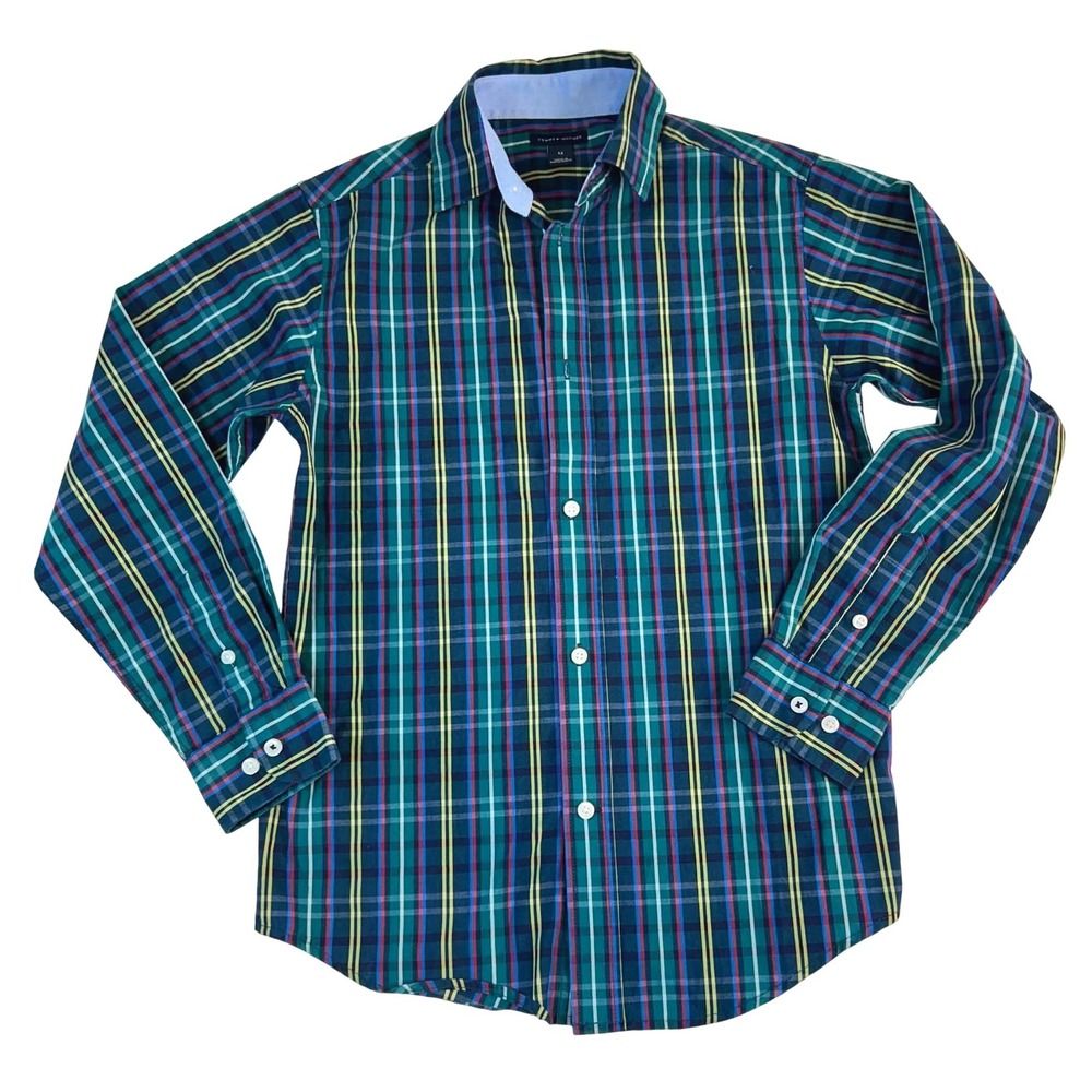 Tommy Hilfiger Boys Green Plaid Long Sleeve Button Down Shirt Size 12 TDFFB01F
